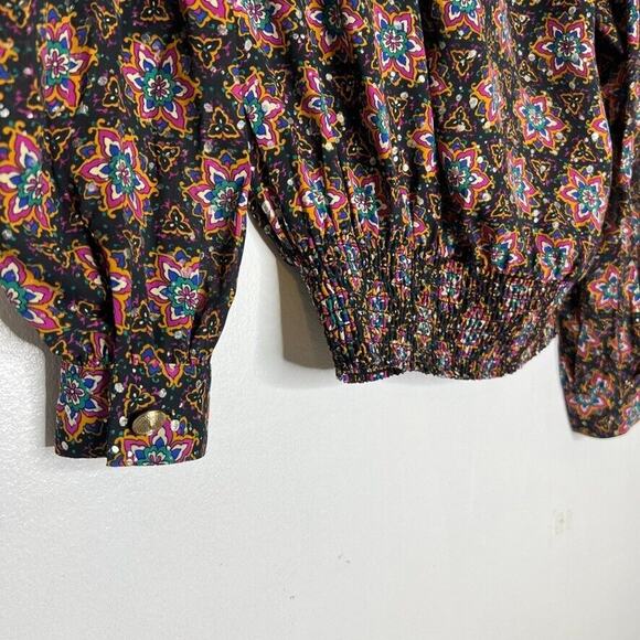 Jordan Vintage Black Floral Scrunch Waist Long Sleeve Blouse Size 4 - Picture 6 of 7